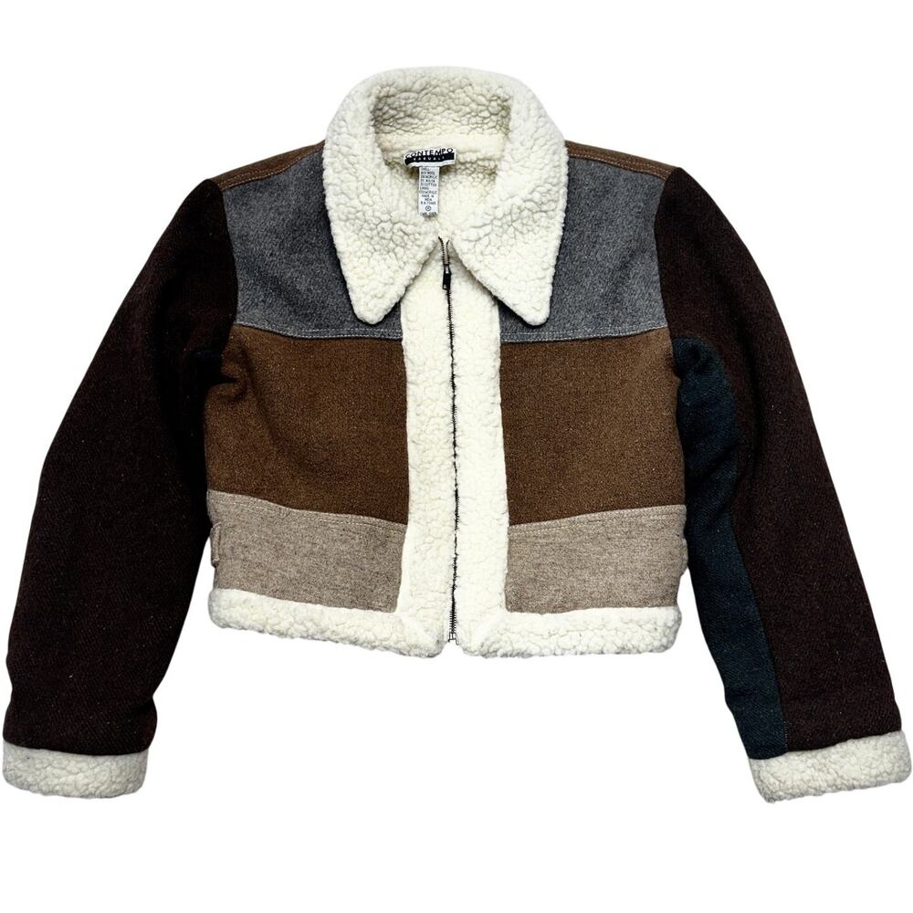 Vintage Contempo Jacket Womens Medium Multi Colorblock Wool Blend Sherpa Lined